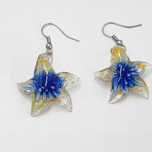 Artisan Blown Swirl Glass Starfish Earrings Blue Flower Clear Dangle - Picture 1 of 4